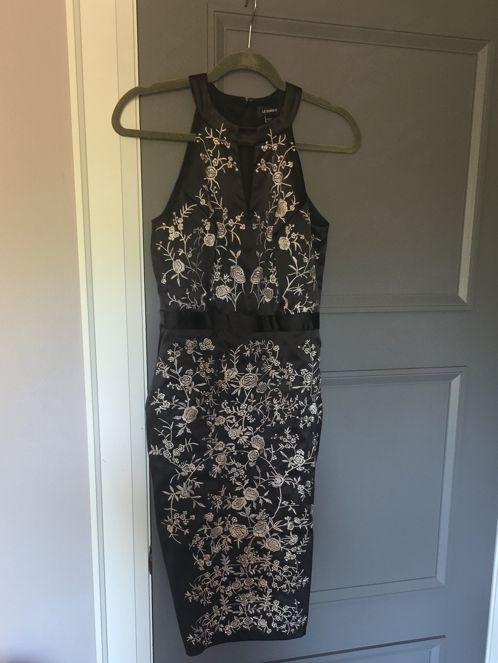 le chateau Black Midi Dress with Cream Floral Embroidery Satin